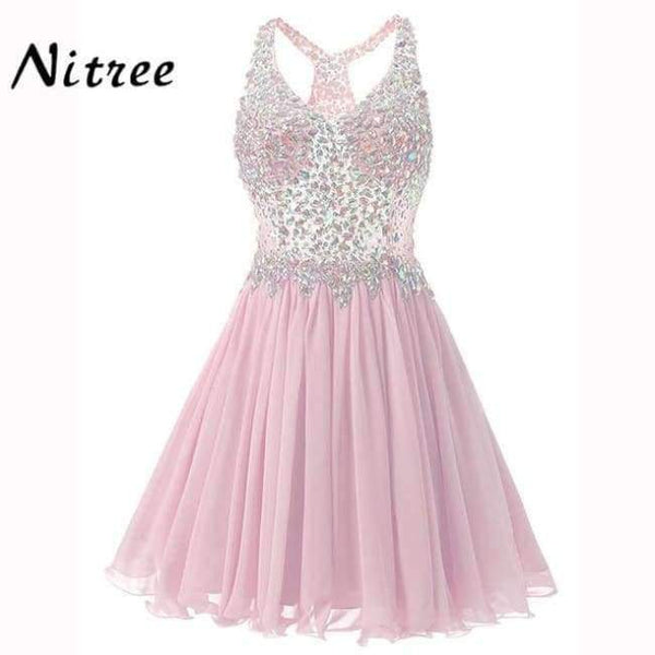 Planet Gates Pink / 2 V Neck Short Cocktail Dresses Chiffon Pleat Ruffles Beaded Crystal Rhinestone Formal Party Dress Real Picture