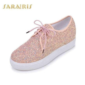 Planet Gates Pink / 3 SaraIris Women's Glitter Upper Lace Up Casual Sneakers Woman Round Toe Comfortable Vulcanize Shoes