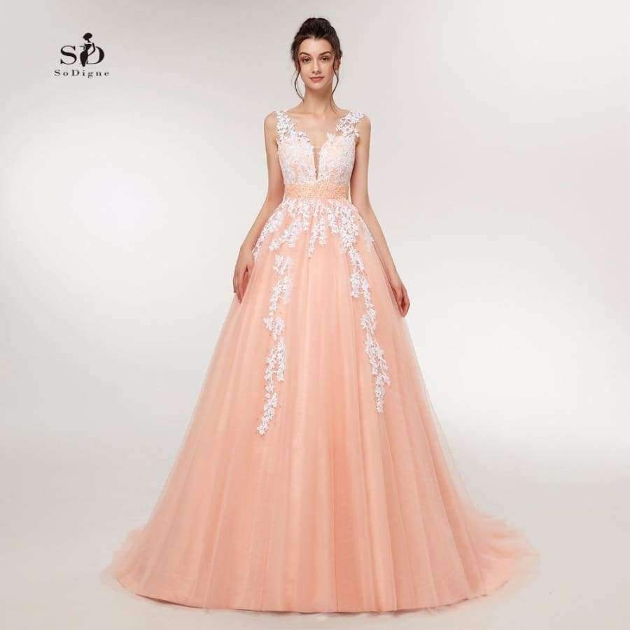 Planet Gates Pink / 6 / 50cm Wedding Dress  Peach Lace Appliques Beaded V-neck Pictures Real Plus Size A-Line Custom made Long Prom Party Dress Hot Sale