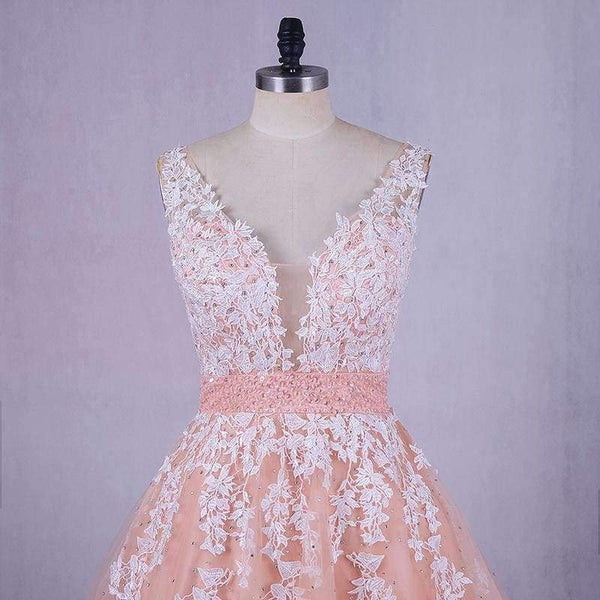 Planet Gates Pink / 6 / 50cm Wedding Dress  Peach Lace Appliques Beaded V-neck Pictures Real Plus Size A-Line Custom made Long Prom Party Dress Hot Sale
