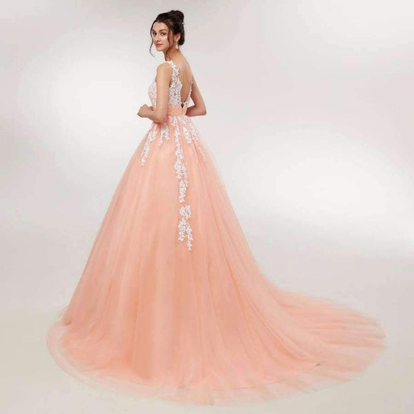 Planet Gates Pink / 6 / 50cm Wedding Dress  Peach Lace Appliques Beaded V-neck Pictures Real Plus Size A-Line Custom made Long Prom Party Dress Hot Sale