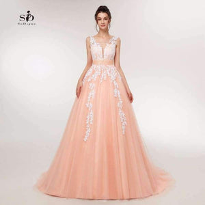 Planet Gates Pink / 6 / 50cm Wedding Dress  Peach Lace Appliques Beaded V-neck Pictures Real Plus Size A-Line Custom made Long Prom Party Dress Hot Sale