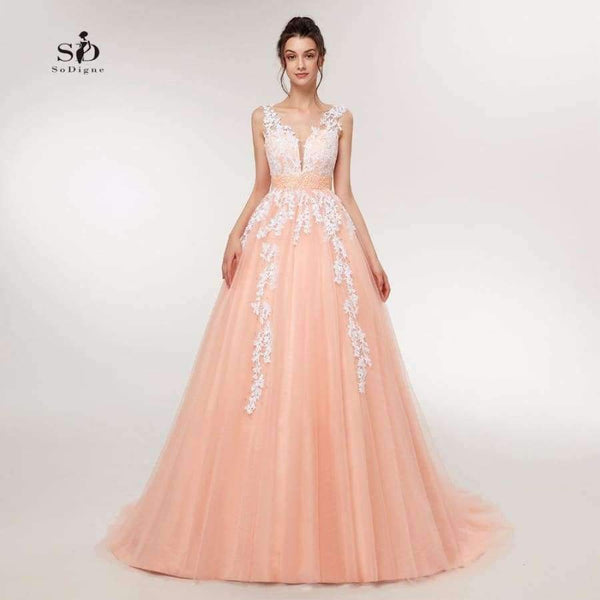 Planet Gates Pink / 6 / 50cm Wedding Dress  Peach Lace Appliques Beaded V-neck Pictures Real Plus Size A-Line Custom made Long Prom Party Dress Hot Sale