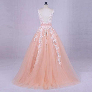 Planet Gates Pink / 6 / 50cm Wedding Dress  Peach Lace Appliques Beaded V-neck Pictures Real Plus Size A-Line Custom made Long Prom Party Dress Hot Sale