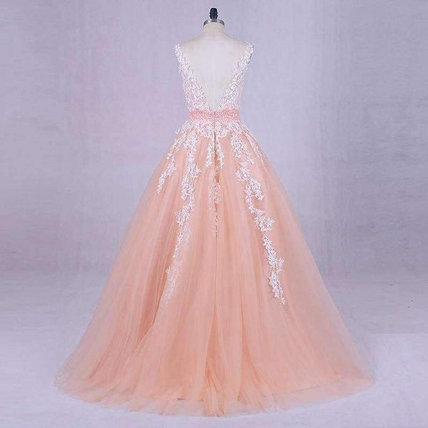 Planet Gates Pink / 6 / 50cm Wedding Dress  Peach Lace Appliques Beaded V-neck Pictures Real Plus Size A-Line Custom made Long Prom Party Dress Hot Sale