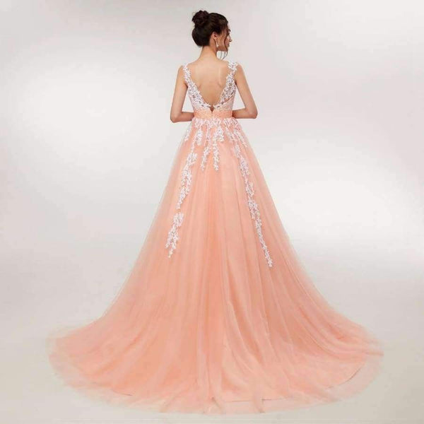 Planet Gates Pink / 6 / 50cm Wedding Dress  Peach Lace Appliques Beaded V-neck Pictures Real Plus Size A-Line Custom made Long Prom Party Dress Hot Sale
