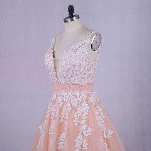 Planet Gates Pink / 6 / 50cm Wedding Dress  Peach Lace Appliques Beaded V-neck Pictures Real Plus Size A-Line Custom made Long Prom Party Dress Hot Sale