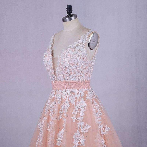 Planet Gates Pink / 6 / 50cm Wedding Dress  Peach Lace Appliques Beaded V-neck Pictures Real Plus Size A-Line Custom made Long Prom Party Dress Hot Sale