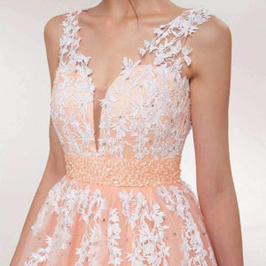 Planet Gates Pink / 6 / 50cm Wedding Dress  Peach Lace Appliques Beaded V-neck Pictures Real Plus Size A-Line Custom made Long Prom Party Dress Hot Sale