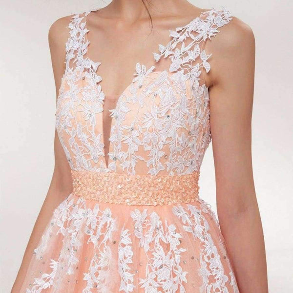 Planet Gates Pink / 6 / 50cm Wedding Dress  Peach Lace Appliques Beaded V-neck Pictures Real Plus Size A-Line Custom made Long Prom Party Dress Hot Sale