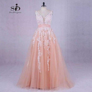 Planet Gates Pink / 6 / 50cm Wedding Dress  Peach Lace Appliques Beaded V-neck Pictures Real Plus Size A-Line Custom made Long Prom Party Dress Hot Sale