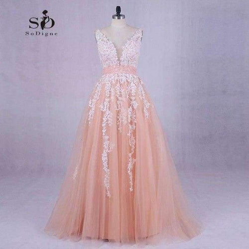 Planet Gates Pink / 6 / 50cm Wedding Dress  Peach Lace Appliques Beaded V-neck Pictures Real Plus Size A-Line Custom made Long Prom Party Dress Hot Sale