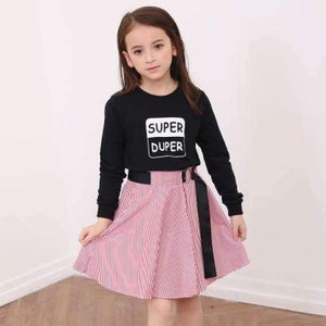 Planet Gates Pink / 6 Fashion Girls Tracksuits Long Sleeve Black T Shirt + Belt Stripe Skirts Toddler Teenage Girls Clothing Set School 6 8 10 12 14