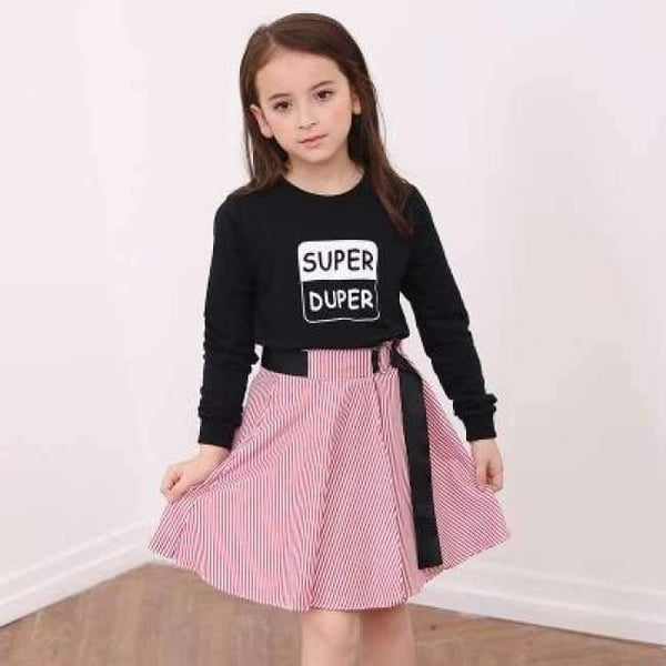Planet Gates Pink / 6 Fashion Girls Tracksuits Long Sleeve Black T Shirt + Belt Stripe Skirts Toddler Teenage Girls Clothing Set School 6 8 10 12 14