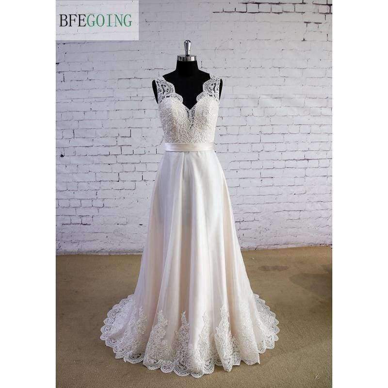 Planet Gates Pink / 6 / Floor Length Lace A-line  Floor-Length  V-Neck Wedding dress  Sweep/Brush Train Sleeveless Real/Original Photos Custom made