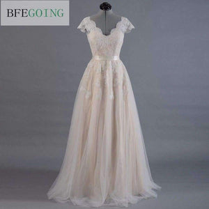 Planet Gates Pink / 6 / Floor Length Vestido de novia Lace A-line Wedding dress Cap sleeve  V-back Bridal gown Lace with Tulle