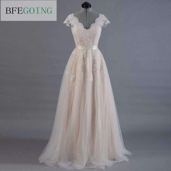 Planet Gates Pink / 6 / Floor Length Vestido de novia Lace A-line Wedding dress Cap sleeve  V-back Bridal gown Lace with Tulle