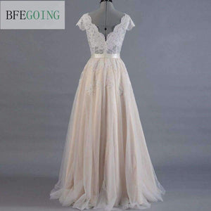 Planet Gates Pink / 6 / Floor Length Vestido de novia Lace A-line Wedding dress Cap sleeve  V-back Bridal gown Lace with Tulle