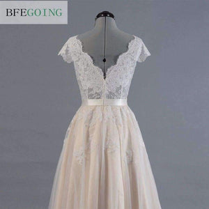 Planet Gates Pink / 6 / Floor Length Vestido de novia Lace A-line Wedding dress Cap sleeve  V-back Bridal gown Lace with Tulle