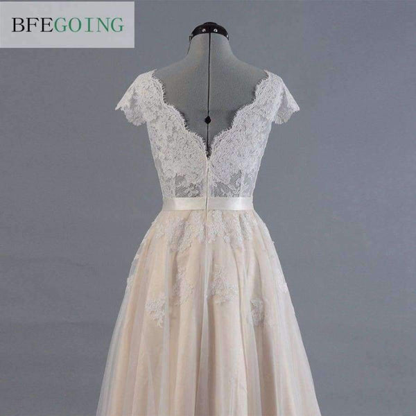 Planet Gates Pink / 6 / Floor Length Vestido de novia Lace A-line Wedding dress Cap sleeve  V-back Bridal gown Lace with Tulle