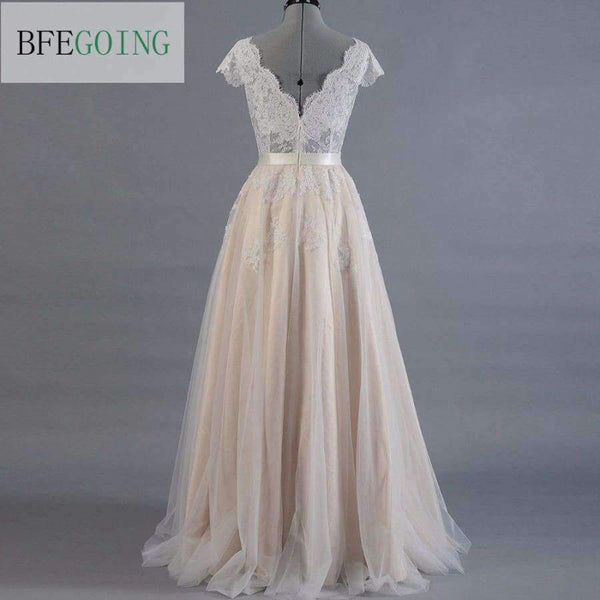 Planet Gates Pink / 6 / Floor Length Vestido de novia Lace A-line Wedding dress Cap sleeve  V-back Bridal gown Lace with Tulle