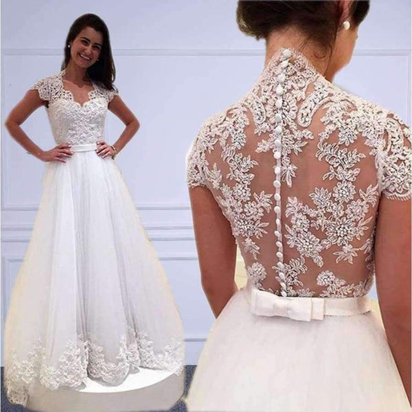 Planet Gates Pink / 6 New Elegant Vestido De Noiva Long A-line Wedding Dresses Cheap White Tulle Appliques Short Sleeves Bridal Gown