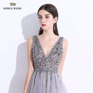 Sexy Evening Dresses A-Line Vestido De Festa V-Neck Gray Tulle Custom Made Beading Bare Back Prom Grown Dress