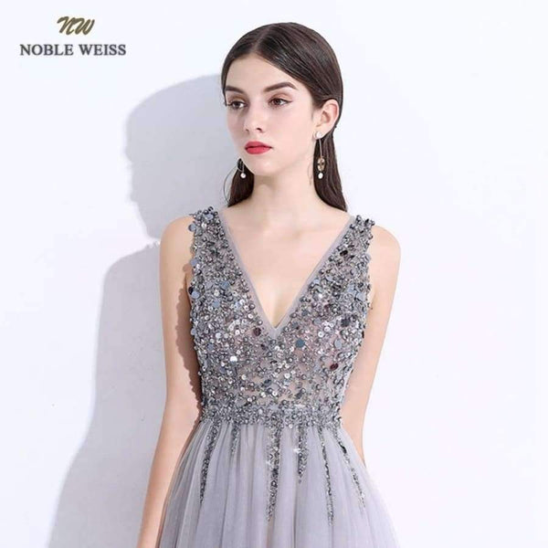 Sexy Evening Dresses A-Line Vestido De Festa V-Neck Gray Tulle Custom Made Beading Bare Back Prom Grown Dress