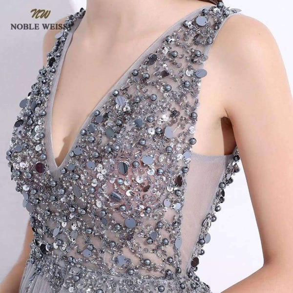 Sexy Evening Dresses A-Line Vestido De Festa V-Neck Gray Tulle Custom Made Beading Bare Back Prom Grown Dress