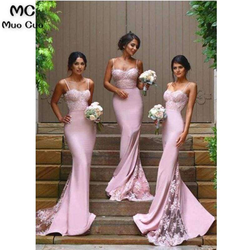 Planet Gates Pink / 6 Sexy Mermaid Bridesmaid Dresses Long with Appliques Spaghetti Straps Wedding Party Dress Elastic Satin Bridesmaid Dress