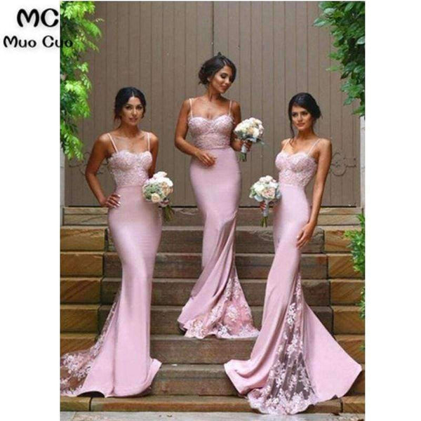 Planet Gates Pink / 6 Sexy Mermaid Bridesmaid Dresses Long with Appliques Spaghetti Straps Wedding Party Dress Elastic Satin Bridesmaid Dress