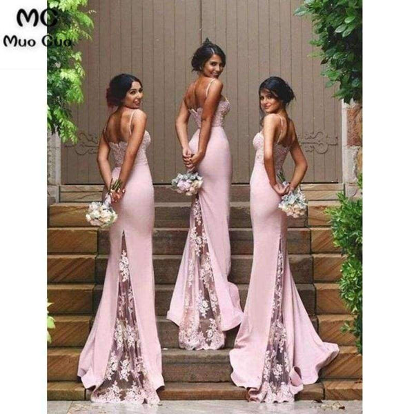 Planet Gates Pink / 6 Sexy Mermaid Bridesmaid Dresses Long with Appliques Spaghetti Straps Wedding Party Dress Elastic Satin Bridesmaid Dress
