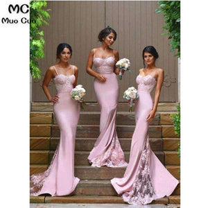 Planet Gates Pink / 6 Sexy Mermaid Bridesmaid Dresses Long with Appliques Spaghetti Straps Wedding Party Dress Elastic Satin Bridesmaid Dress
