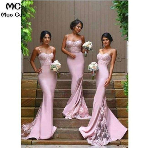 Planet Gates Pink / 6 Sexy Mermaid Bridesmaid Dresses Long with Appliques Spaghetti Straps Wedding Party Dress Elastic Satin Bridesmaid Dress