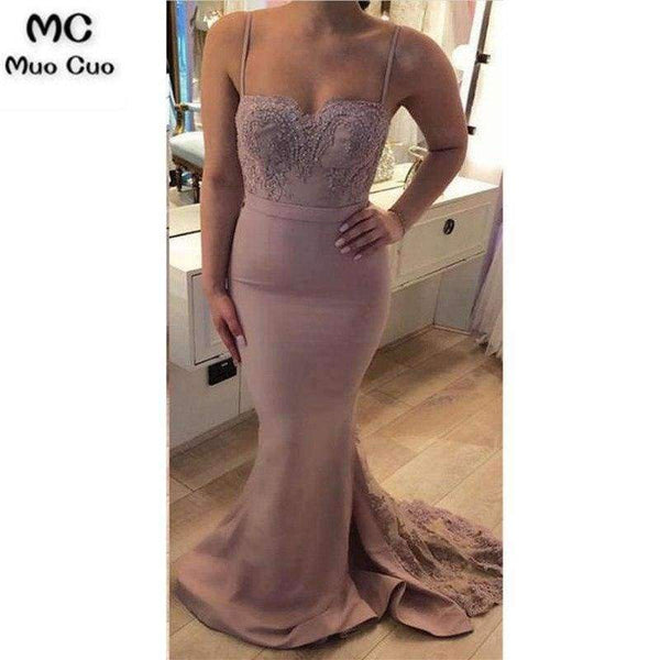 Sexy Mermaid Bridesmaid Dresses Long with Appliques Spaghetti Straps Wedding Party Dress Elastic Satin Bridesmaid Dress