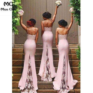 Planet Gates Pink / 6 Sexy Mermaid Bridesmaid Dresses Long with Appliques Spaghetti Straps Wedding Party Dress Elastic Satin Bridesmaid Dress