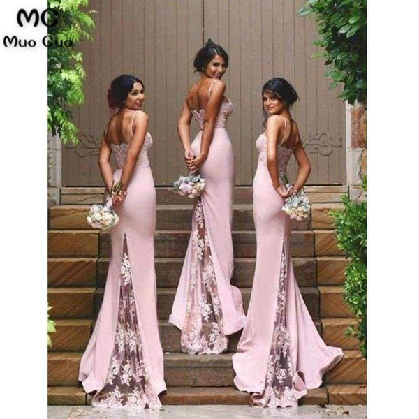 Sexy Mermaid Bridesmaid Dresses Long with Appliques Spaghetti Straps Wedding Party Dress Elastic Satin Bridesmaid Dress