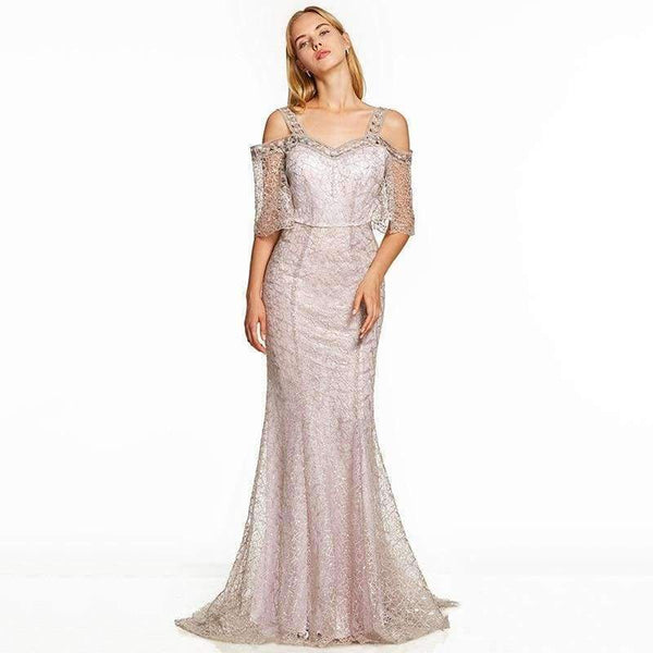 Planet Gates Pink a line long evening dress backless cheap straps half sleeves wedding party formal dress lace evening dresses