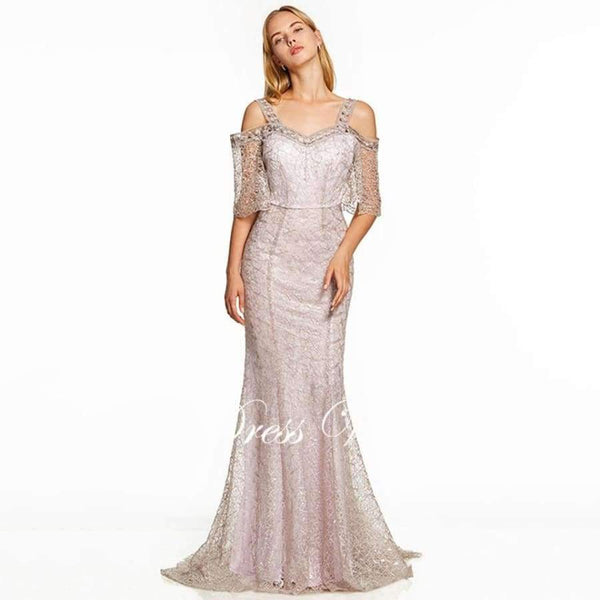 Planet Gates Pink a line long evening dress backless cheap straps half sleeves wedding party formal dress lace evening dresses