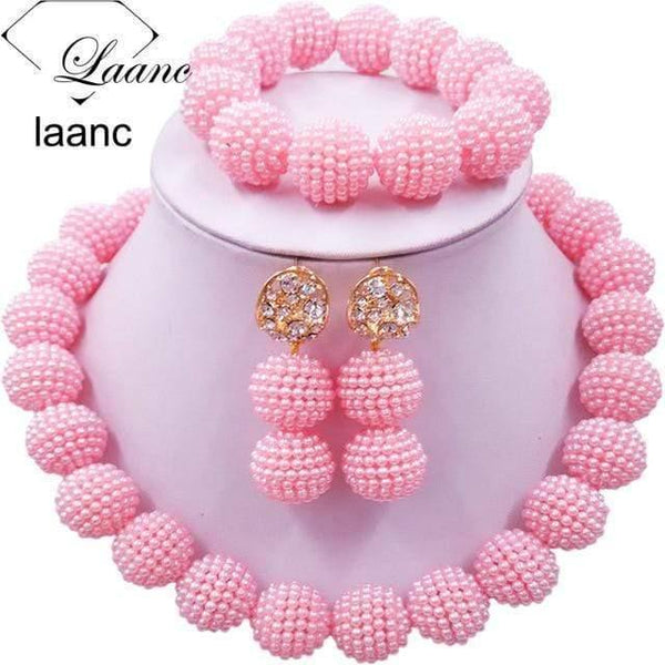 Planet Gates Pink African Beads Jewelry Set for Nigerian Wedding Simulated Pearl Necklace and Earrings SP1R004