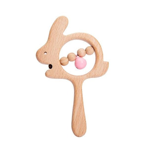 Planet Gates Pink bell rabbit 1PC Baby Wooden Rattle Beech Animal Hand Teething Wooden Ring Makes A Sound Montessori Educational Toy Attract Attention