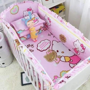Planet Gates pink big cat 6Pcs Cartoon Baby Bedding Sets Baby Crib Bumpers Bed Around Cot Bed Sheets 100%Cotton Thickening Customizable Baby Beddings