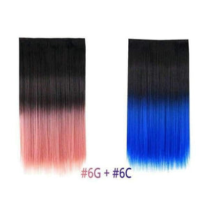 Planet Gates Pink-Blue / 22inches 22" Rainbow Straight Hairpieces 5 Clips in Hair Extensions One Piece Pink Purple Ombre Synthetic Wigs For Women Heat Resistant