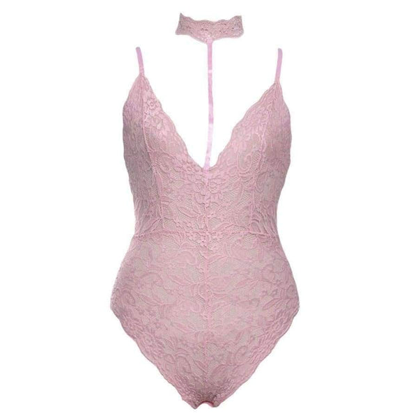 Planet Gates Pink bodysuit / L / China Elegant Floral Red Lace Bodysuit Women Backless Deep V Neck Sexy Bodysuit Bodycon Halter Sleeveless Jumpsuit Romper