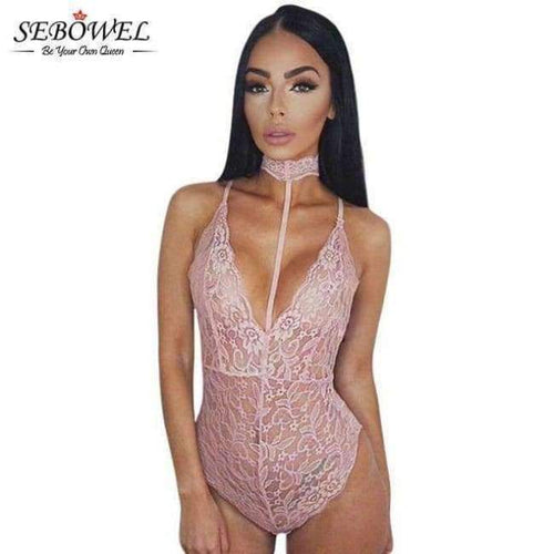 Planet Gates Pink bodysuit / L / China Elegant Floral Red Lace Bodysuit Women Backless Deep V Neck Sexy Bodysuit Bodycon Halter Sleeveless Jumpsuit Romper