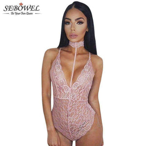 Planet Gates Pink bodysuit / L / China Elegant Floral Red Lace Bodysuit Women Backless Deep V Neck Sexy Bodysuit Bodycon Halter Sleeveless Jumpsuit Romper