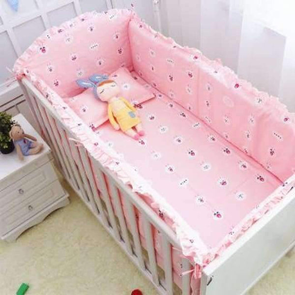 Planet Gates Pink Bunny 6Pcs Cartoon Baby Bedding Sets Baby Crib Bumpers Bed Around Cot Bed Sheets 100%Cotton Thickening Customizable Baby Beddings