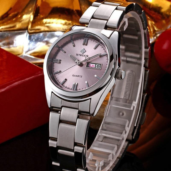 Planet Gates Pink Date Day Clock Female Stainless Steel Watch Ladies Fashion Casual Watch Quartz Women Watches