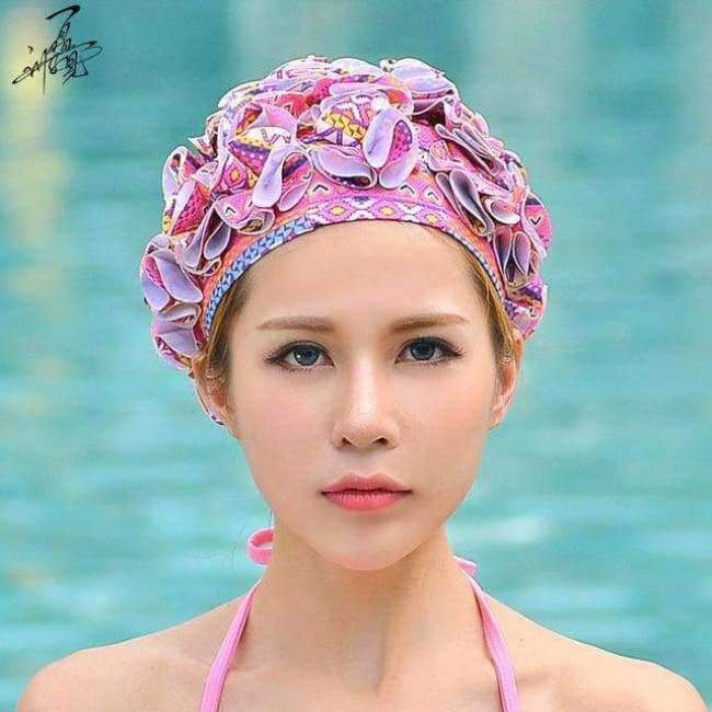 Planet Gates Watermelon red / One Size Design 36 Lily Flowers Women Swimming Cap Coloful Sports Swim Pool Beautiful Hat Free Size Women Elastictry Cap