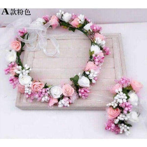 Planet Gates Pink Handmade festival hair ribbon flower hair accessories artificial floral women girl wedding headband crown garland handwrist sets